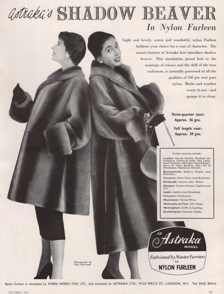 Astraka's Shadow Beaver In Nylon Furleen. Fashion advert. BRITISH VOGUE 1955
